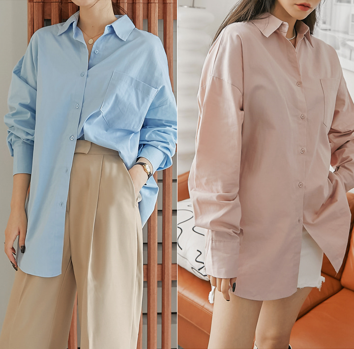 common-unique-베닌 포켓 언발 박시 핏 셔츠♡韓國女裝上衣