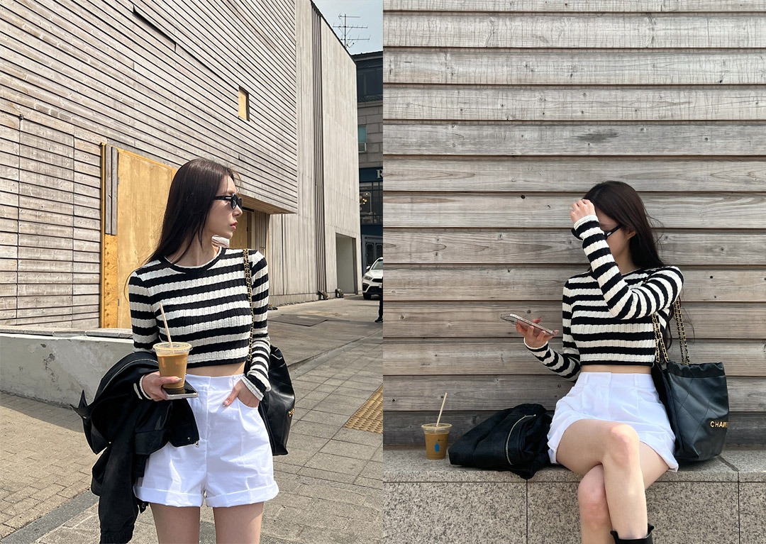 [당일발송]젤 스트라이프 크롭 티셔츠♡韓國女裝上衣