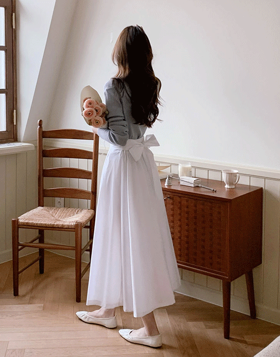 fromdayone-센디 플레어 롱스커트(리본/A라인/뒷밴딩)♡韓國女裝裙
