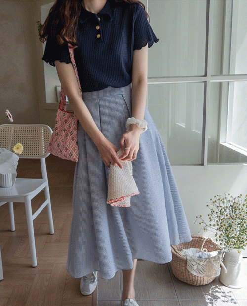 [파스텔줄지 상큼한 슈가주름 밴드 스커트[size:F(55~66)]]♡韓國女裝裙