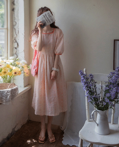 [향긋한 오렌지 플라워 맵시배색 원피스[size:F(55~66)]]♡韓國女裝連身裙