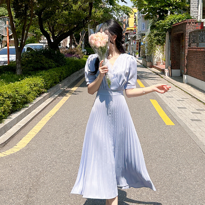 엔제르 브이넥 플리츠 롱 원피스 a2886 - 러블리 로맨틱룩 피오나♡韓國女裝連身裙