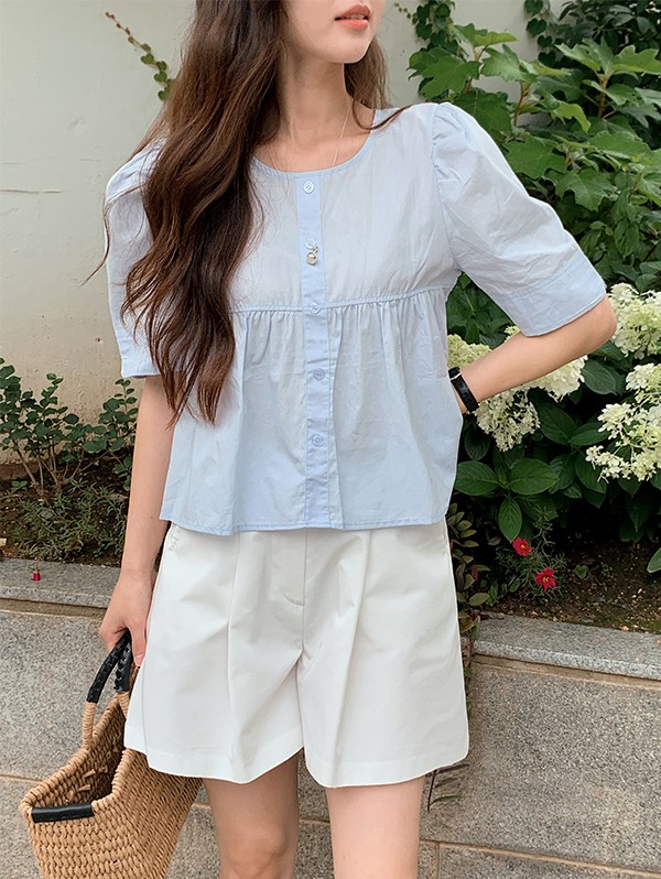 [기획] 포니 플레어 셔링 반팔 블라우스 (4color)♡韓國女裝上衣