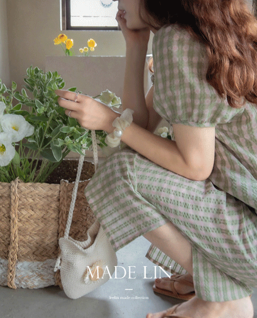 [MADE LIN[그린컬러]디먼 체크 퍼프 롱원피스[size:F(55~66반)]]♡韓國女裝連身裙