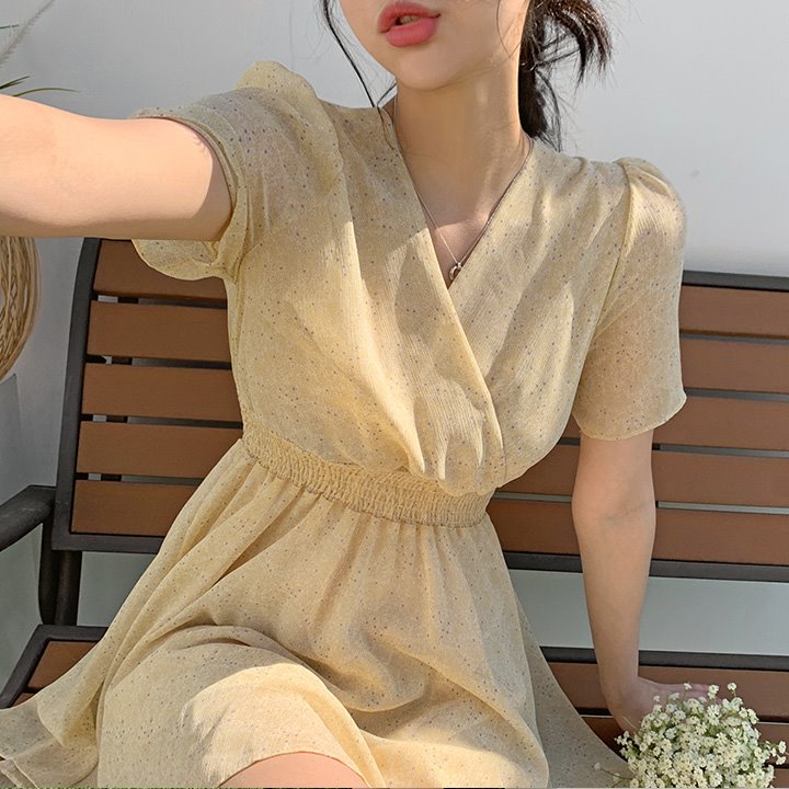 마르델 브이랩 스모크 밴딩 A핏 쉬폰 원피스 (아이보리,옐로우,민트)♡韓國女裝連身裙