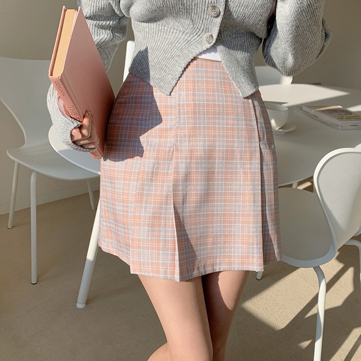 핀드 체크 주름 플리츠 스커트 (핑크,그레이)♡韓國女裝裙